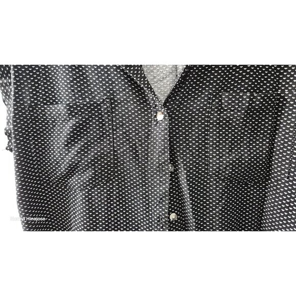 Black & White Button-Up Blouse with Heart Print Short Sleeves Rayon Material - Picture 3 of 8